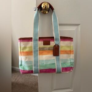 Coach Pastel Rainbow Striped Canvas Tote - Blue, Pink, Green, Orange